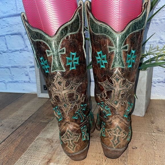 Corral Womens Whiskey Turquoise Blue Cross Brown Embroidered Western Boots - Picture 8 of 16